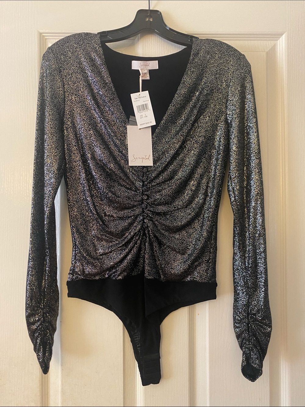 Sequin-Effect Silver Ruched V-Neck Bodysuit by Sezane NWT